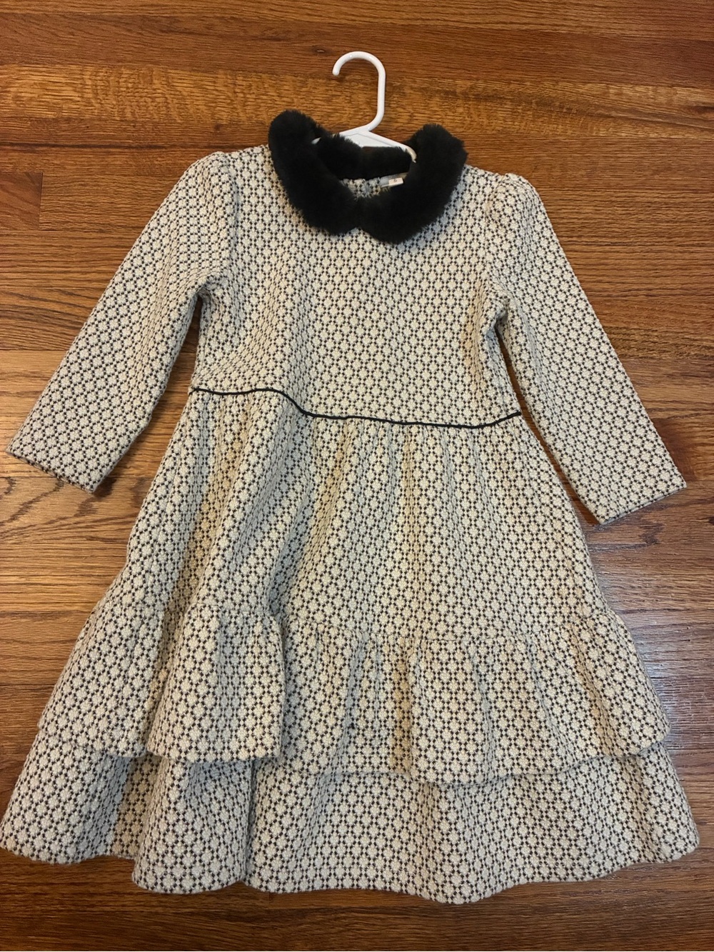 Janie and Jack Cream and Black Lace Overlay Dress with Black Faux Fur Collar